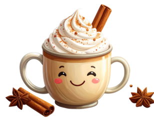 Cartoon Eggnog Mug with Smiling Face and Cinnamon Stick, Cute Holiday Drink, Transparent Background PNG