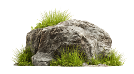 Large natural rock with green grass growing on top and around it on white background. 