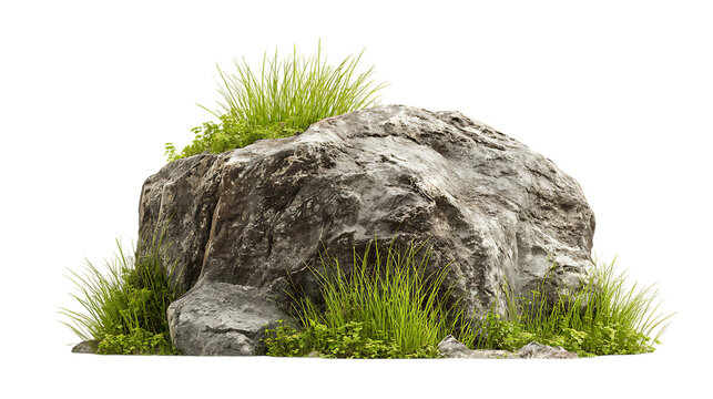 Large natural rock with green grass growing on top and around it on white background. 