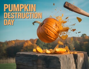 Powerful pumpkin destruction captured mid-smash, perfect for fall celebrations, Halloween fun, outdoor autumn activities, and enjoying smashing pumpkins with family and friends in festive settings.