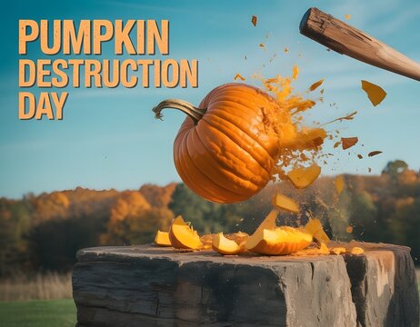Powerful pumpkin destruction captured mid-smash, perfect for fall celebrations, Halloween fun, outdoor autumn activities, and enjoying smashing pumpkins with family and friends in festive settings.