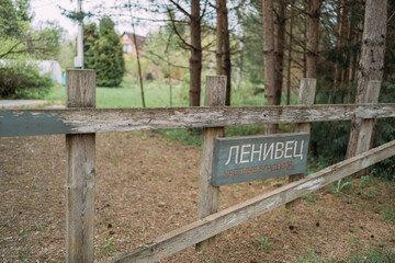 Weathered wooden fence with Russian sign in a pine grove near rural path under overcast sky
