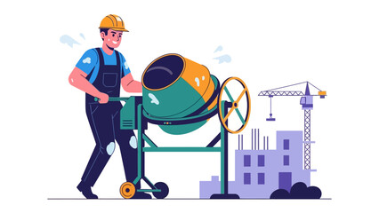 Fototapeta premium Building Progress: A construction worker operates a cement mixer, with a construction crane and building under construction in the background, in a vector illustration, showing construction project. 