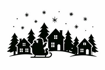 Naklejka premium A snowy winter landscape with a cozy Christmas cottage, festive decorations, and a glowing sky