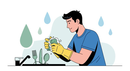 Person Washing Dishes Featuring Dishware, Soap, Water Droplets and Rubber Gloves