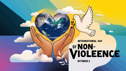Vector art of international day of nonviolence celebrated with hands holding the earth as a heart and a dove flying in the sky with clouds and colorful background