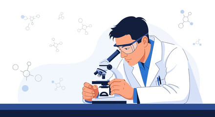 Scientist Diligently Examining Specimen Through Microscope in Laboratory, Scientific Illustration