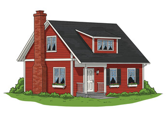 Charming red house with black roof and lush green bushes, isolated on white background, showcasing classic architecture and inviting curb appeal