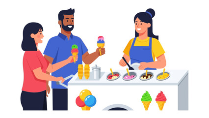 Sweet Moments: A vibrant illustration depicts a cheerful ice cream seller serving delighted customers, captured in a cheerful style, the scene evokes pure summer joy.