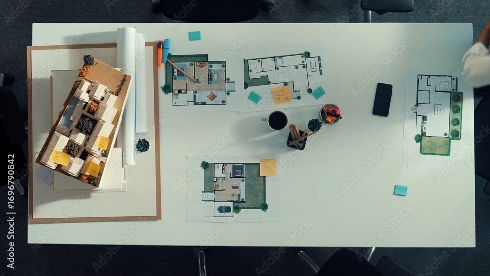 Poster top view of architect engineer working together and preparing blueprint and building design for meet