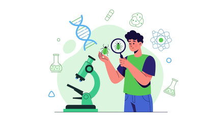 Scientist Inspecting Bug Under Magnifying Glass, Observing Scientific Details Through Microscope