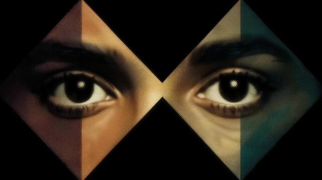 Abstract geometric video art featuring close-up of human eyes. Artistic visual illusion with diamond shapes and color contrasts. Creative concept for visual perception and identity