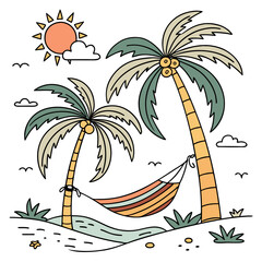 Tropical beach scene with two palm trees a colorful hammock and a bright sun in the sky