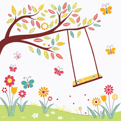 Whimsical cartoon tree with a swing and colorful flowers and butterflies on a white background