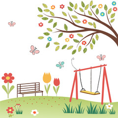 Whimsical cartoon park scene with a swing set bench flowers and butterflies under a tree