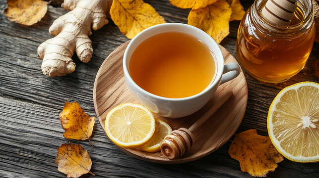 Cozy cup of ginger lemon tea with honey on a rustic wooden table surrounded by autumn leaves - Powered by Adobe