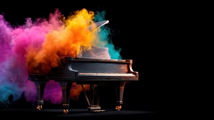 A grand piano with vibrant clouds of colorful smoke emanating from it, set against a dramatic black background