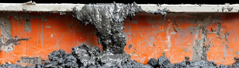 Fototapeta premium A close-up view of wet concrete spilling over an orange surface, showcasing texture and color contrast in a construction context.