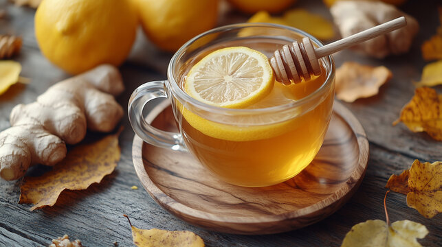 Warm honey lemon drink with ginger served in a glass cup surrounded by autumn leaves and fresh lemons