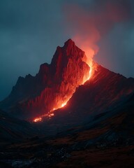 Active volcano glowing bright in darkness high resolution picture