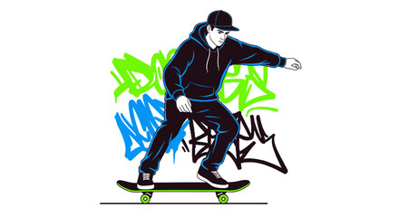 Fototapeta premium Skateboarder in Urban Attire Executing a Stance with Colored Graffiti Background