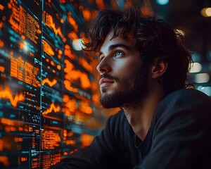 Young man gazes at vibrant orange and blue digital data streams and financial charts on a futuristic screen