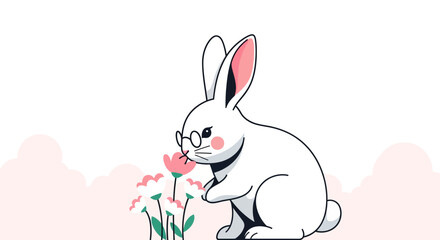 Obraz premium Smart Bunny Enjoying The Scent Of Lovely Flowers In Its Peaceful Garden