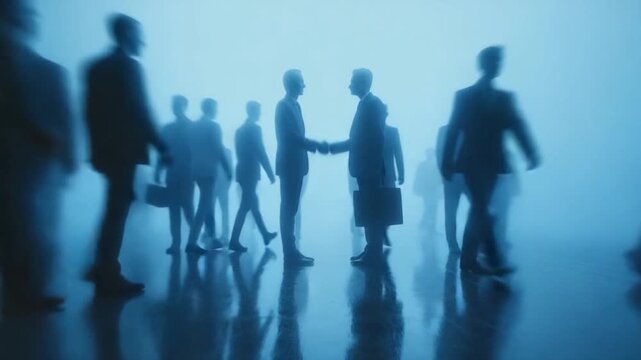 Business Deal in the Mist: Silhouette figures in business attire, a visual narrative of partnership and collaboration emerges. A crucial moment in a business environment and mutual agreement 