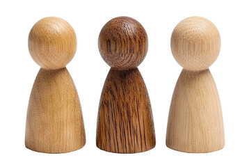 Set of three wooden board game pawns, isolated on transparent cutout background