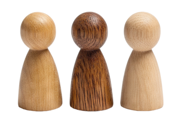 Set of three wooden board game pawns, isolated on transparent cutout background