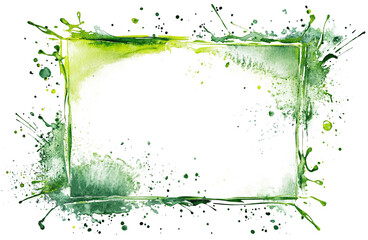 Green watercolor splash frame with ink blotches and paint splatters, isolated on transparent cutout background