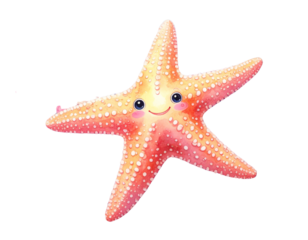  Starfish with Mini Friends on Coral, Top-Down Kawaii Composition, Transparent Background PNG