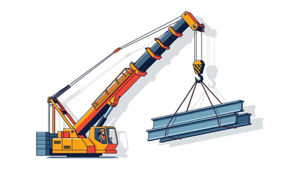 Crane Lifting Metal Beam: A detailed illustration of a construction crane, meticulously lifting a steel beam, epitomizing heavy industry and urban development in a graphical style.