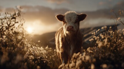 Fototapeta premium A fluffy calf stands in a sunlit meadow surrounded by wildflowers, with a warm golden sunset in the background
