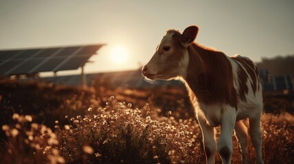 A calf stands in a sunlit field with solar panels in the background, blending nature with renewable energy at sunset