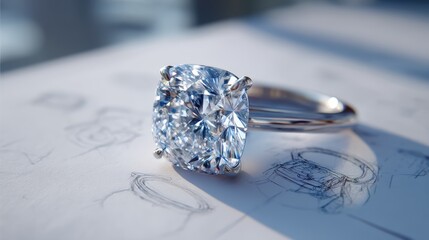 A sparkling diamond ring rests on top of jewelry design sketches, reflecting light and showcasing intricate craftsmanship