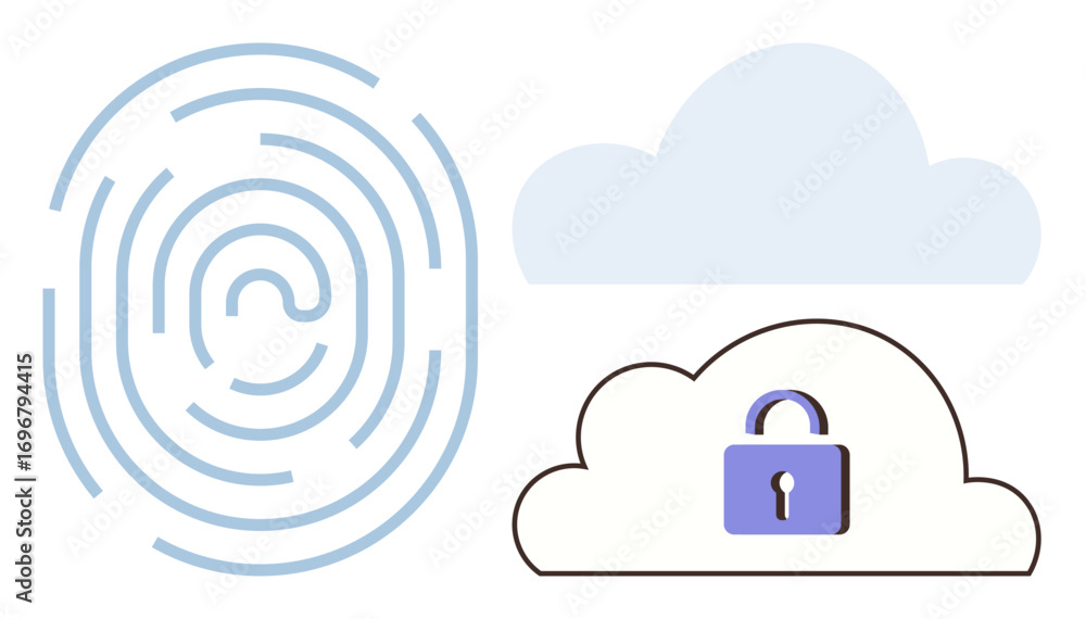 Poster fingerprint pattern next to cloud icon with padlock visualizing digital security, privacy, cloud sto