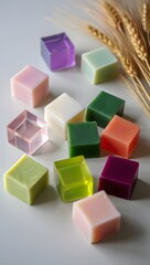 Colorful cube soaps with wheat stalks on a white surface in a studio setting
