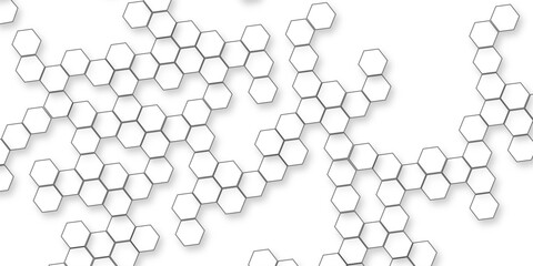 A pattern of white hexagon shapes arranged subtle shadows that create a three-dimensional, layered effect, geometric repetition and depth of the hexagonal grid.