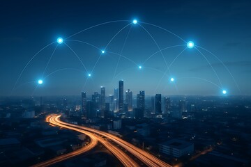 Glowing Network Over City Skyline at Night urban technology