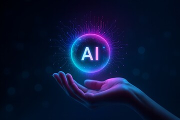 Hand holding glowing A I sphere with circuits artificial intelligence