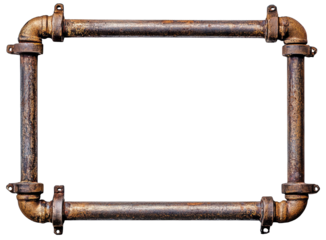 Rectangular industrial frame made of rusty metal pipes, isolated on transparent cutout background