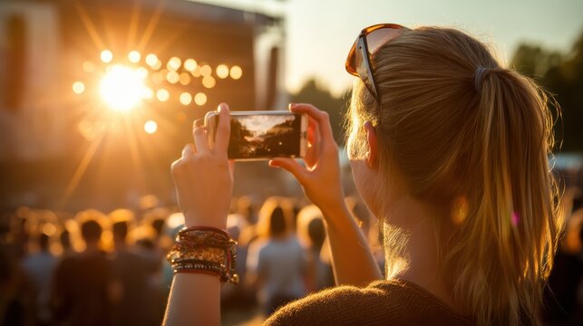 A woman photographs a lively outdoor concert at sunset, capturing the vibrant atmosphere and glowing stage lights with her smartphone - Powered by Adobe