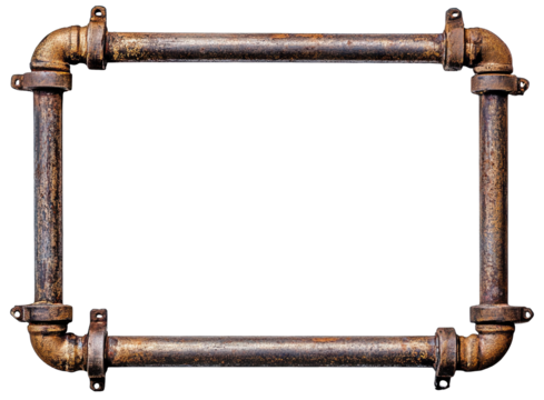 Rectangular industrial frame made of rusty metal pipes, isolated on transparent cutout background