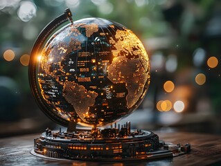 A futuristic globe displays illuminated continents and digital data symbolizing global technology and connectivity