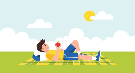 Fototapeta premium Relaxed Young Man Eating Apple Enjoying the Sunny Day Outdoors in a Park