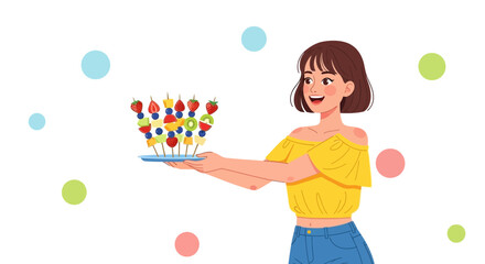 Fototapeta premium Smiling Woman Holds Fruit Skewers, Offering a Healthy and Delicious Snack