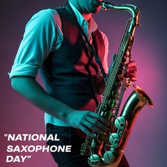 Obraz premium National Saxophone Day tribute featuring skilled saxophonist playing with emotion, cool lighting effects, and jazz music inspiration, perfect for music festivals and saxophone enthusiasts.