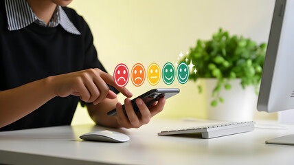 Customer Feedback Rating: A close-up captures a person engaging with a mobile interface, surrounded by an array of emoji emoticons representing varied feedback sentiments and user experience.