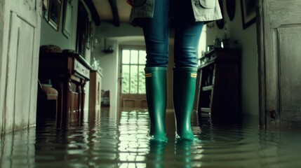 A person in green boots stands in a flooded room, with water covering the floor and reflecting the interior of a house